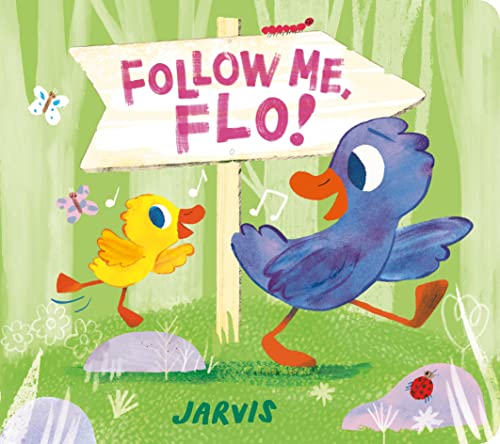 Illustration of a duckling following a larger duck past a sign.