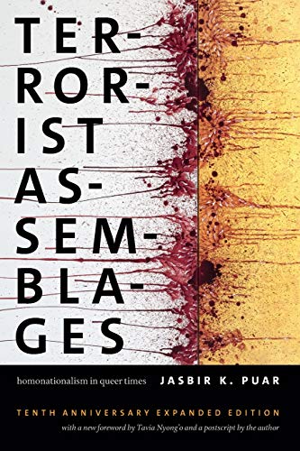 Book cover with red ink splatters on white and yellow backgrounds, titled Terrorist Assemblages.