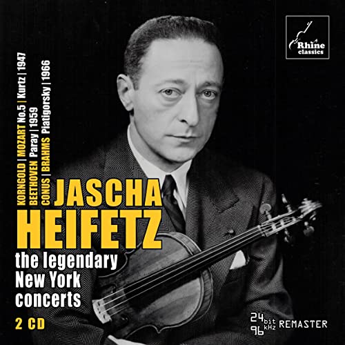 Jascha Heifetz portrait holding a violin, album cover for "The Legendary New York Concerts.