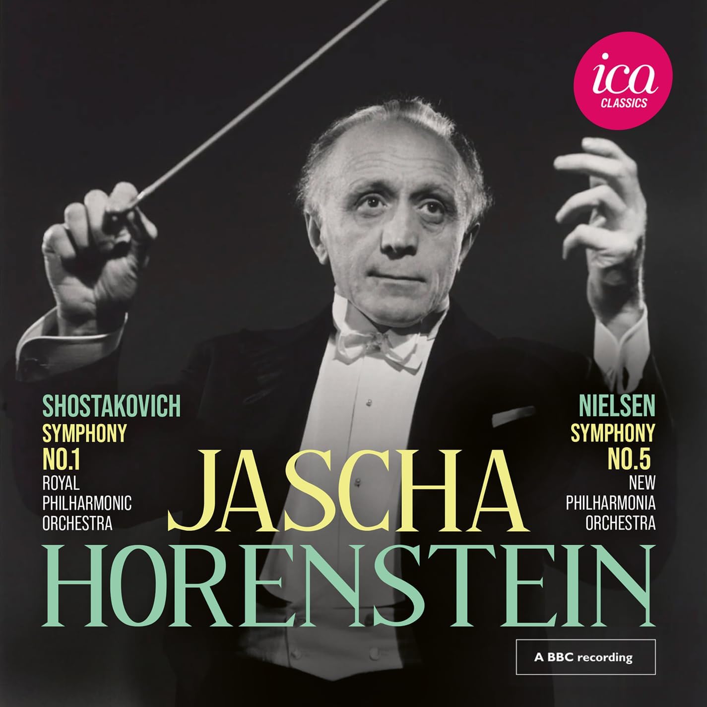 CD cover featuring conductor Jascha Horenstein, with text indicating composers and orchestras.