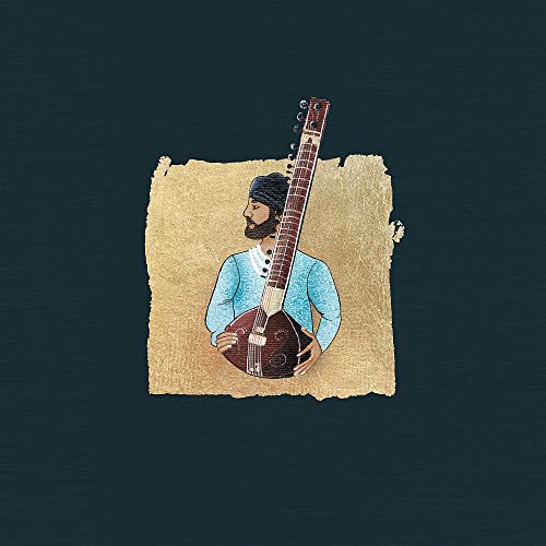 Illustration of a man playing a sitar on a textured gold square background.