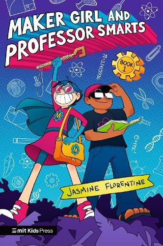 Book cover: two kids, a girl superhero and a boy with a book.