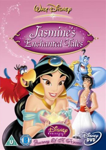 DVD cover featuring Jasmine, Aladdin, Genie, and Abu from Disney’s “Aladdin.”
