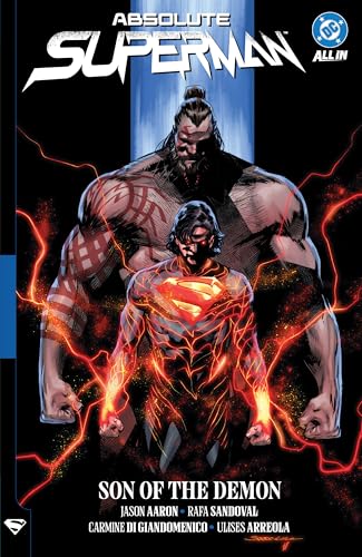 Comic book cover showing a glowing Superman standing before a large, muscular, tattooed figure.