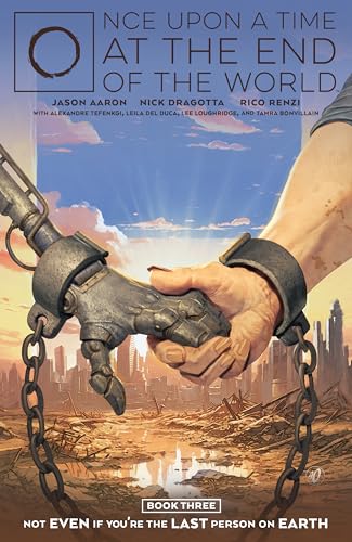 Comic book cover: robotic hand held by a person, dystopian city background.