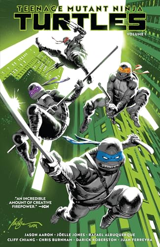 Four Teenage Mutant Ninja Turtles in action poses against a green, stylized city background.