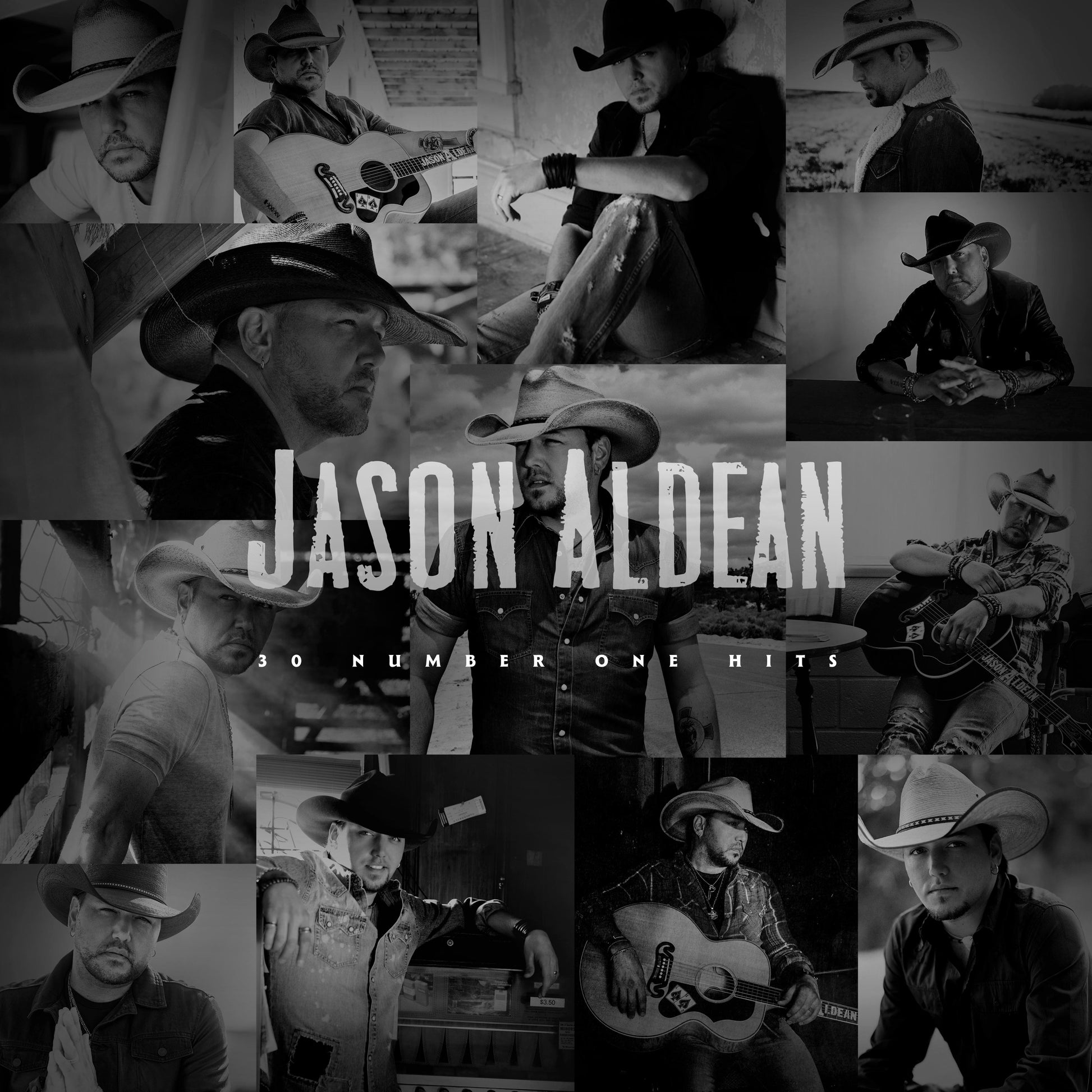 Black and white collage of Jason Aldean wearing cowboy hats, with album title text overlay.