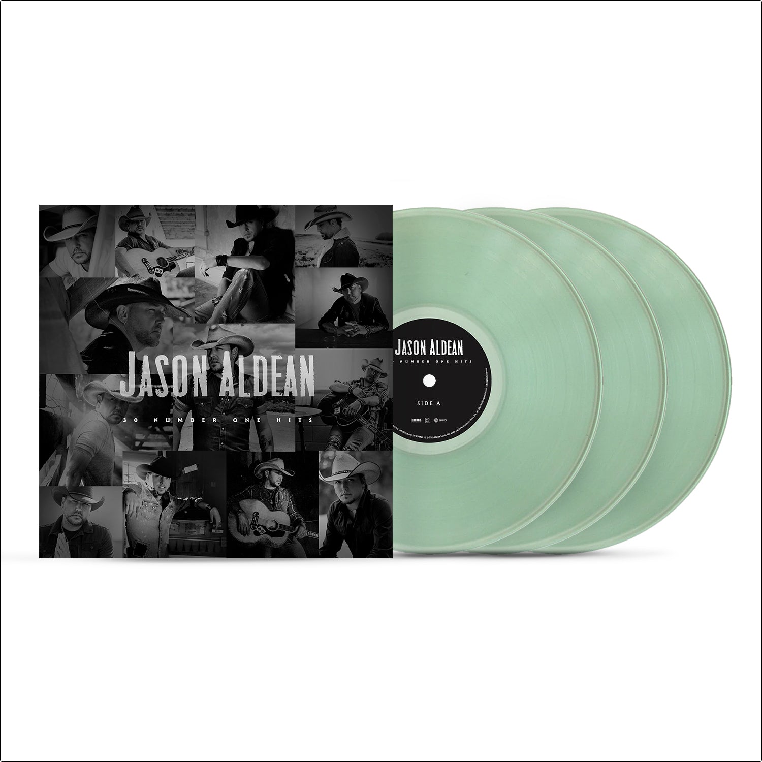 Jason Aldean vinyl record set with collage cover art and three light green discs.