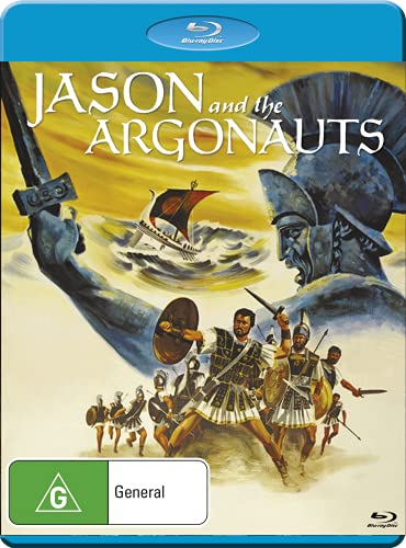 Jason and the Argonauts" Blu-ray cover with warriors, a ship, and a giant hand.