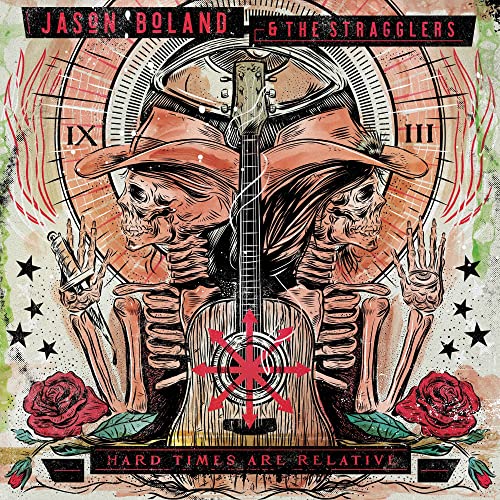 Album cover featuring two skeletons in cowboy hats flanking an acoustic guitar with roses.