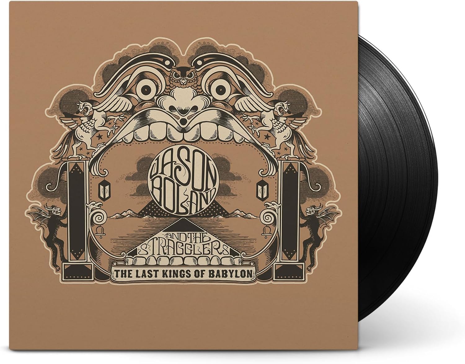 Vinyl record cover with ornate brown illustration of a large face and text.