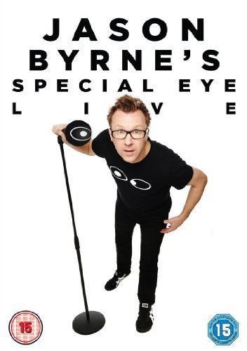 Jason Byrne on DVD cover, holding a large eye prop near a microphone.