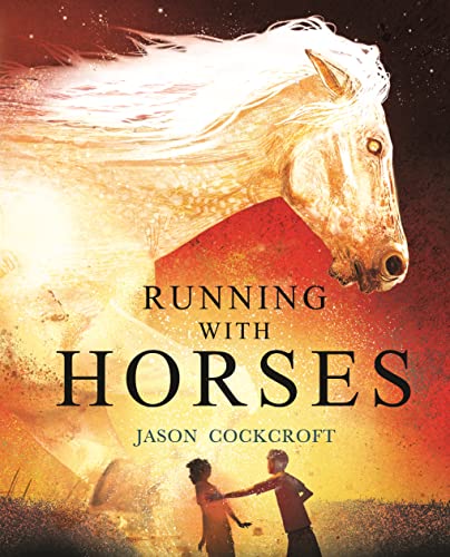 Book cover: white horse head, red shape, and two figures below.