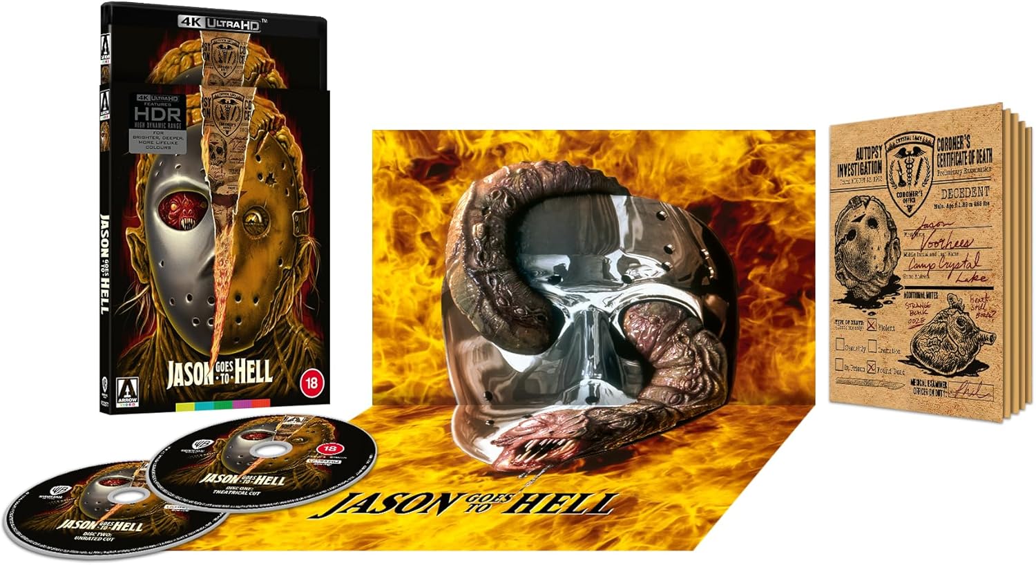 Jason Goes to Hell Blu-ray set featuring a hockey mask, discs, and autopsy report.
