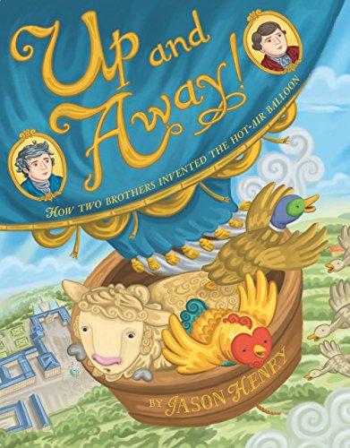 Hot air balloon carrying a sheep, rooster, and duck, illustrated cover.