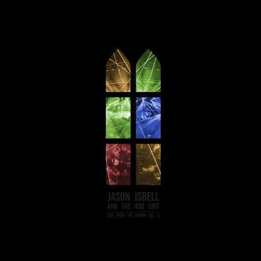 Album cover showing concert scenes through stained-glass windows against a solid black background.