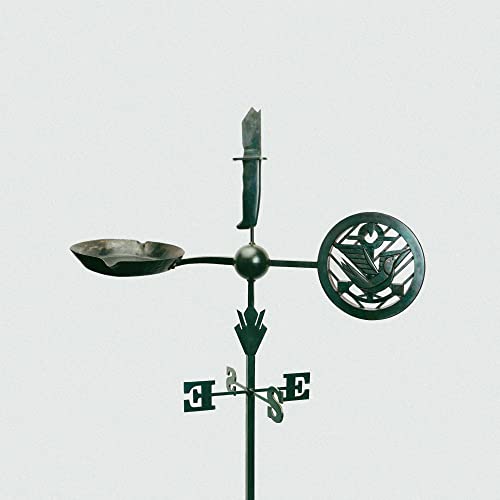 A dark metal weathervane featuring a knife, a pan, and a bird emblem.