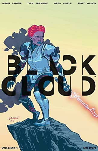 Comic book cover: a figure with red hair stands on a rocky peak.