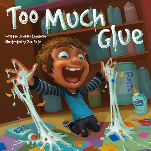 A young boy with glue on his hands and clothes in a classroom setting.