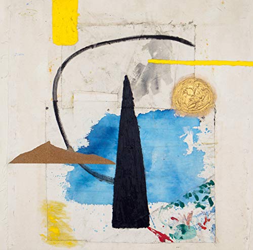 Abstract album cover with black spire, blue wash, and yellow accents.