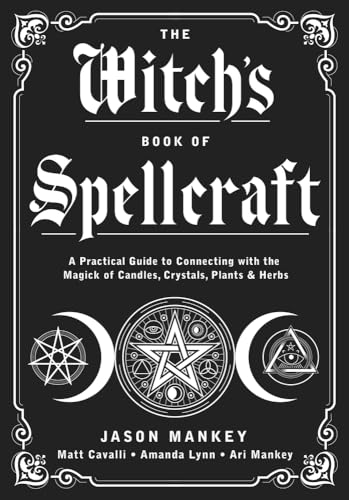 Black book cover with white text: "The Witch's Book of Spellcraft" and occult symbols.