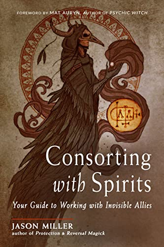 Book cover: illustrated figure with bird-like mask and title "Consorting with Spirits".