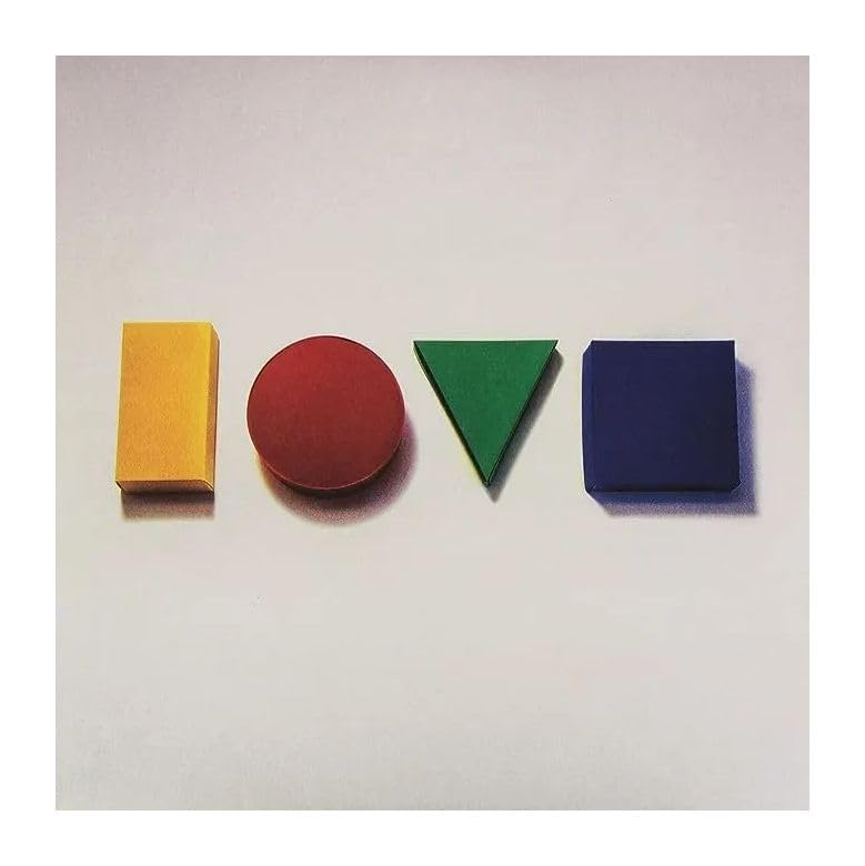 Colorful geometric shapes spell out "LOVE" on a white background.