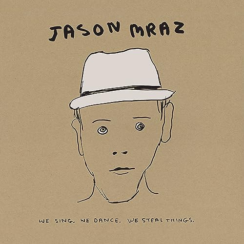 Hand-drawn portrait of Jason Mraz wearing a hat on a tan background.