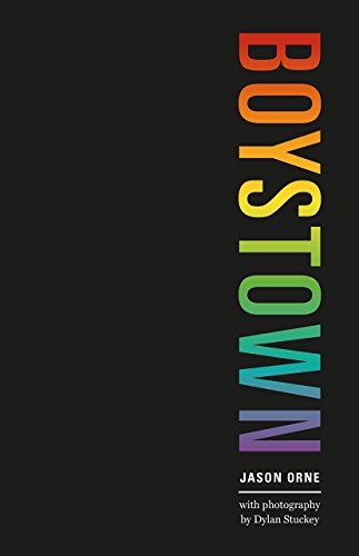 Book cover: "Boystown" title in rainbow vertical text on black background.