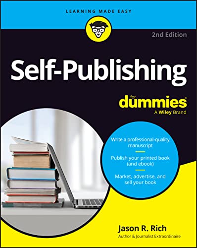 Self-Publishing For Dummies" book cover with laptop and stacked books.