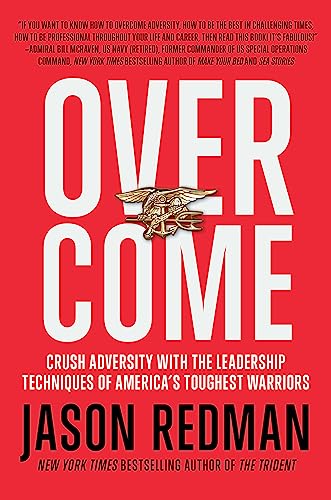 Red book cover with large white text "OVERCOME" and a Navy SEAL emblem.