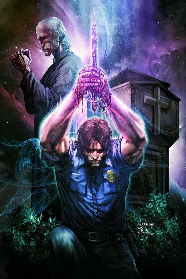 Comic book cover depicting a police officer and a shadowy figure with a sword.