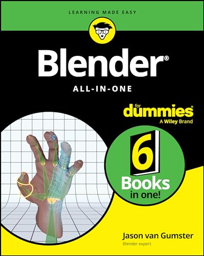 Book cover for "Blender All-in-One For Dummies" with 3D hand illustration.