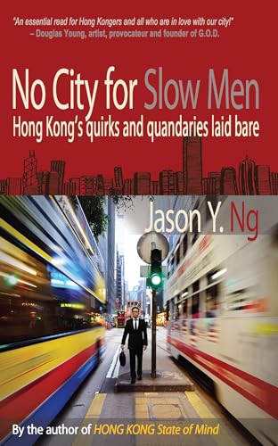 Book cover: man on street with blurred trains, Hong Kong cityscape.