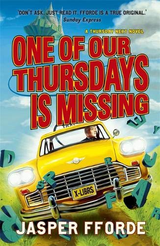 Book cover: yellow car with a driver, floating letters, and a castle.