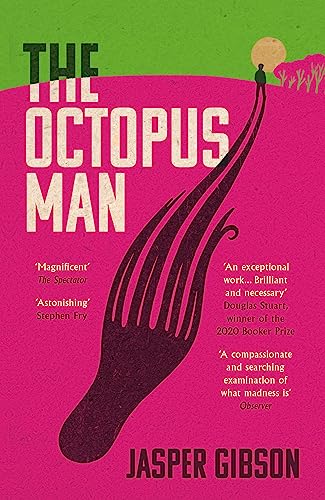 Book cover with a large dark octopus tentacle on a bright pink background.