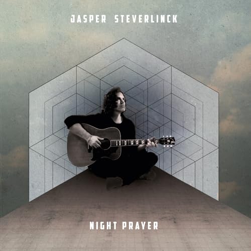 Man with acoustic guitar sits within a geometric, grayscale design.