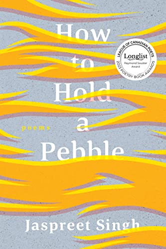 Book cover with wavy yellow and blue design, title “How to Hold a Pebble”.