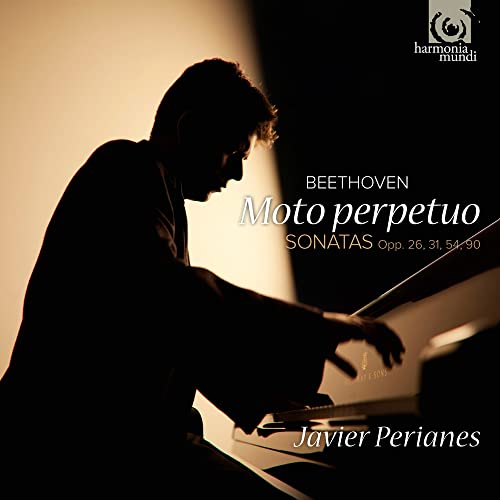 Silhouette of pianist Javier Perianes playing a piano, album cover art.