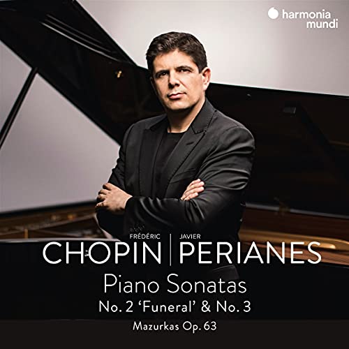 Javier Perianes portrait with a grand piano, album cover for Chopin sonatas.