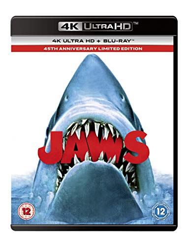 Jaws 4K Ultra HD and Blu-ray disc case featuring a great white shark.