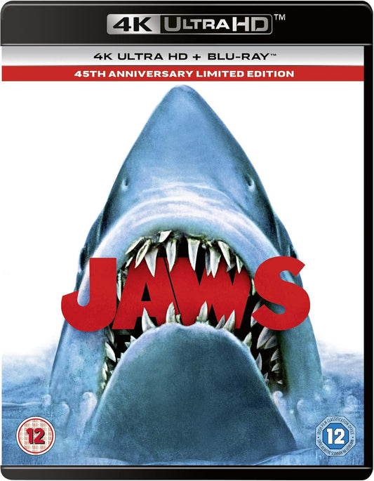 Jaws 4K Ultra HD and Blu-ray cover art featuring a shark with open jaws.