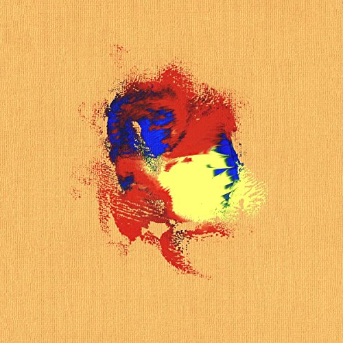 Abstract red, blue, and yellow paint splatters on a textured orange background.