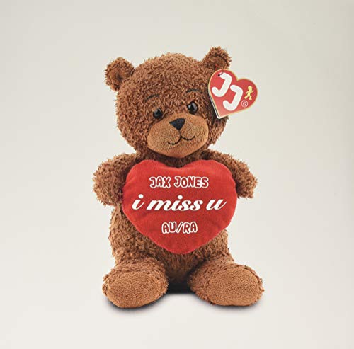 Brown teddy bear holding a red heart with "i miss u" text.