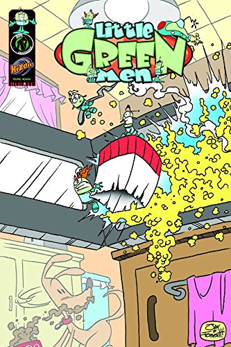 Comic book cover featuring tiny green aliens causing chaos in a kitchen with a dog.