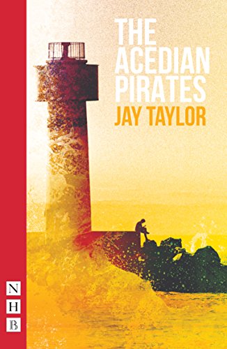 Book cover: lighthouse, figure on rocks, yellow and red tones.