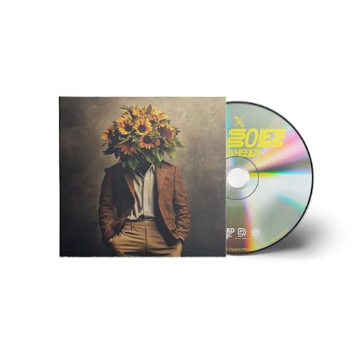 CD case with a man in a suit and sunflower head.