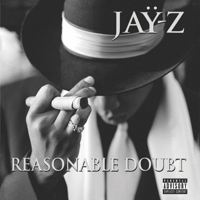 Black and white album cover for Jay-Z’s “Reasonable Doubt” featuring a man in a hat.