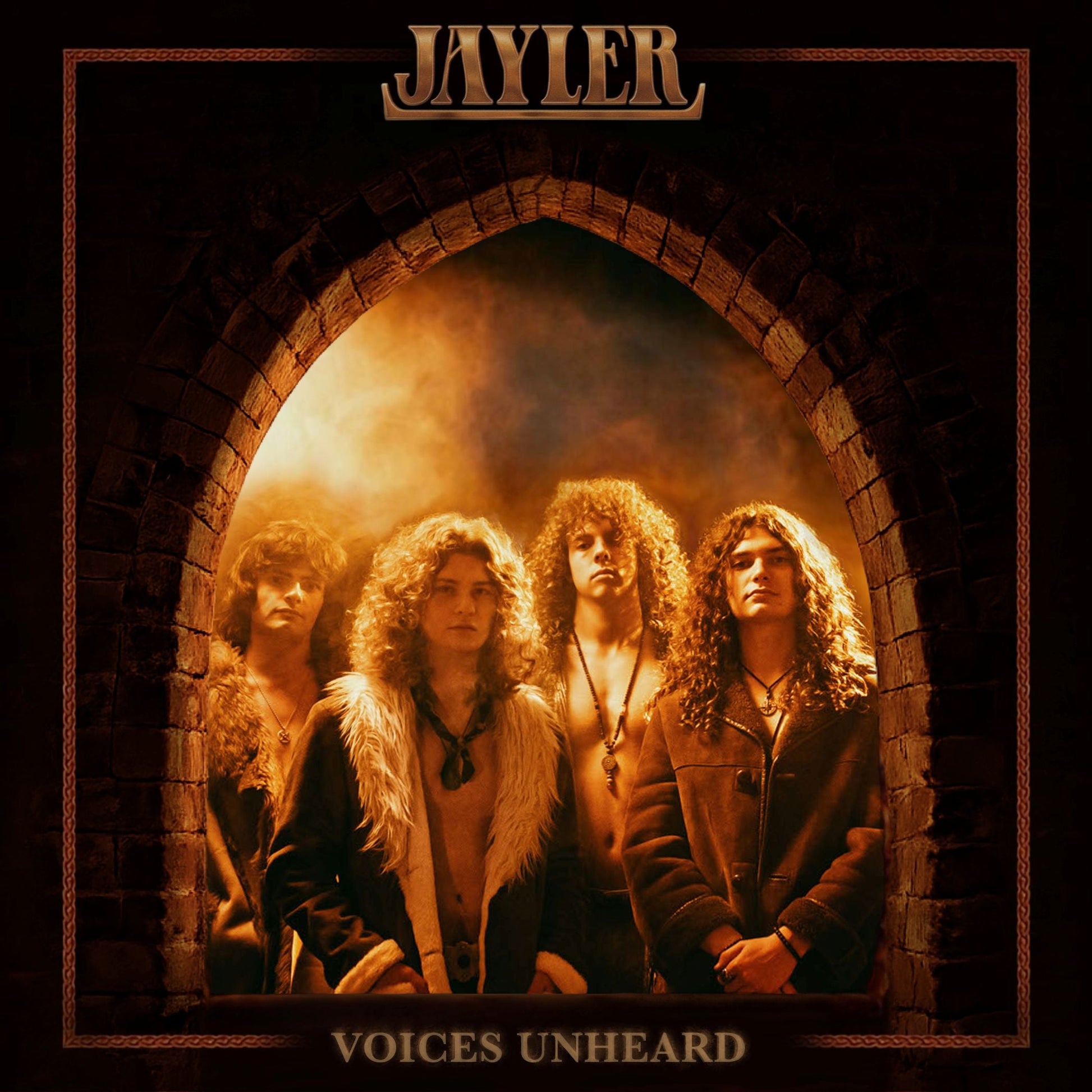 Album cover for "Voices Unheard" by JAYLER, featuring a band in an archway.