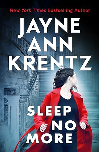 Book cover for “Sleep No More” featuring a woman in a red coat.